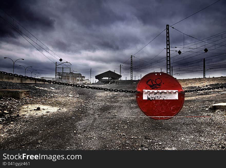 No entry sign at an old station in Spain. No entry sign at an old station in Spain