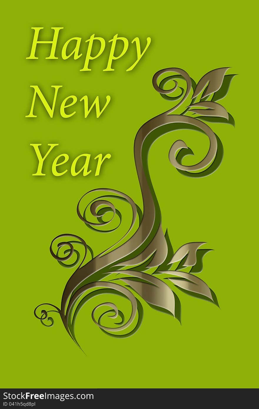 Happy new year, green card with  designed flowers