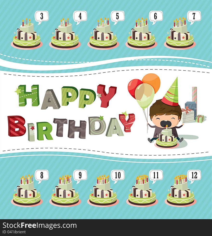 A birthday card with a boy holding balloons and trying to blow out the candle. A birthday card with a boy holding balloons and trying to blow out the candle