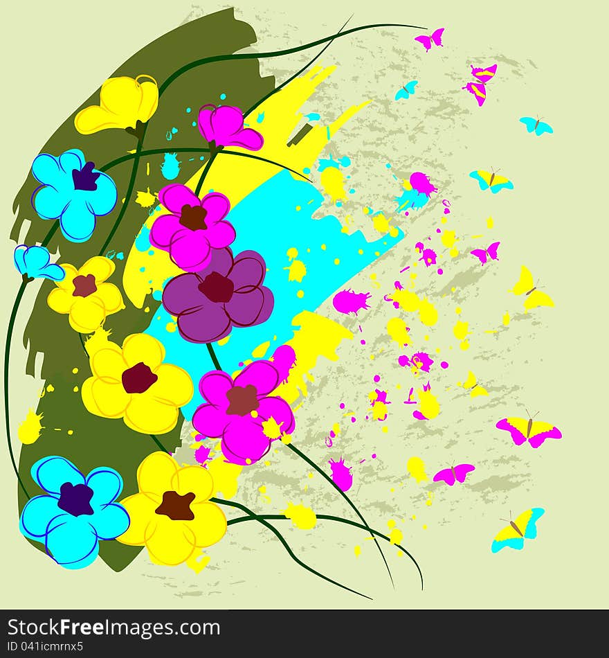 Bright flowers with color blots and butterflies. Bright flowers with color blots and butterflies