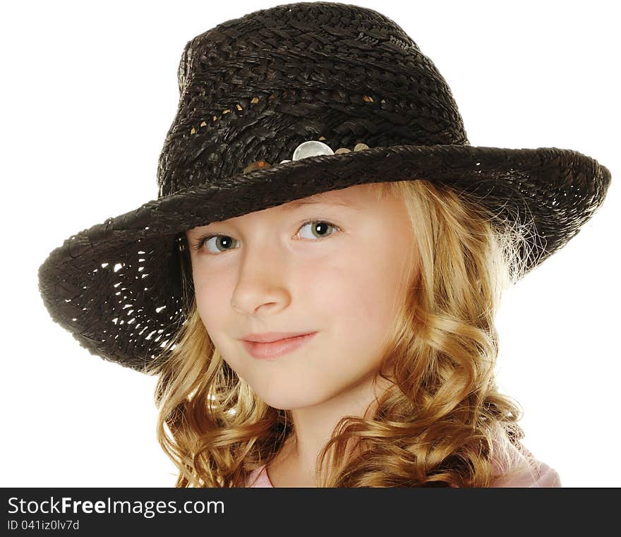 Beautiful happy girl with summer black hat on, isolated on white. Beautiful happy girl with summer black hat on, isolated on white