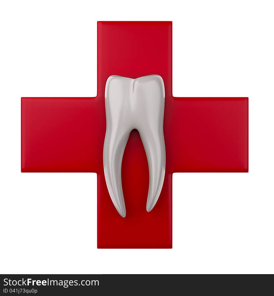 CG stylized tooth on red cross with white background. CG stylized tooth on red cross with white background