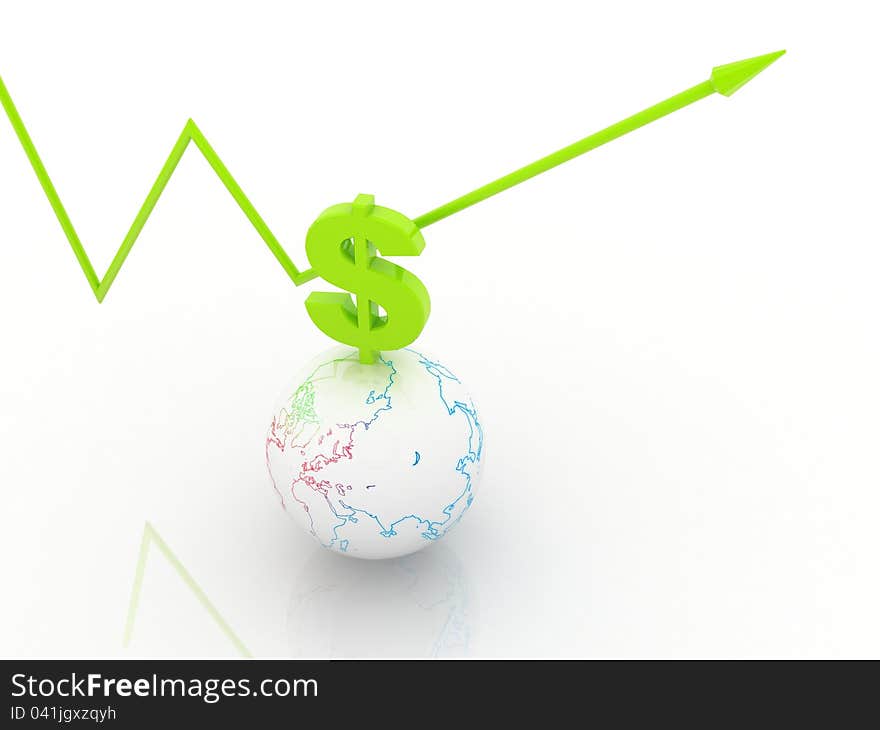 3d diagram of dollar with a arrow on a globe. 3d diagram of dollar with a arrow on a globe