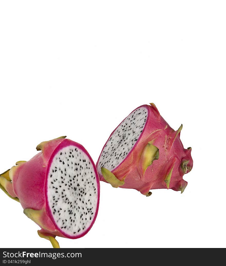 A cut-out of a sliced pitahaya. A cut-out of a sliced pitahaya