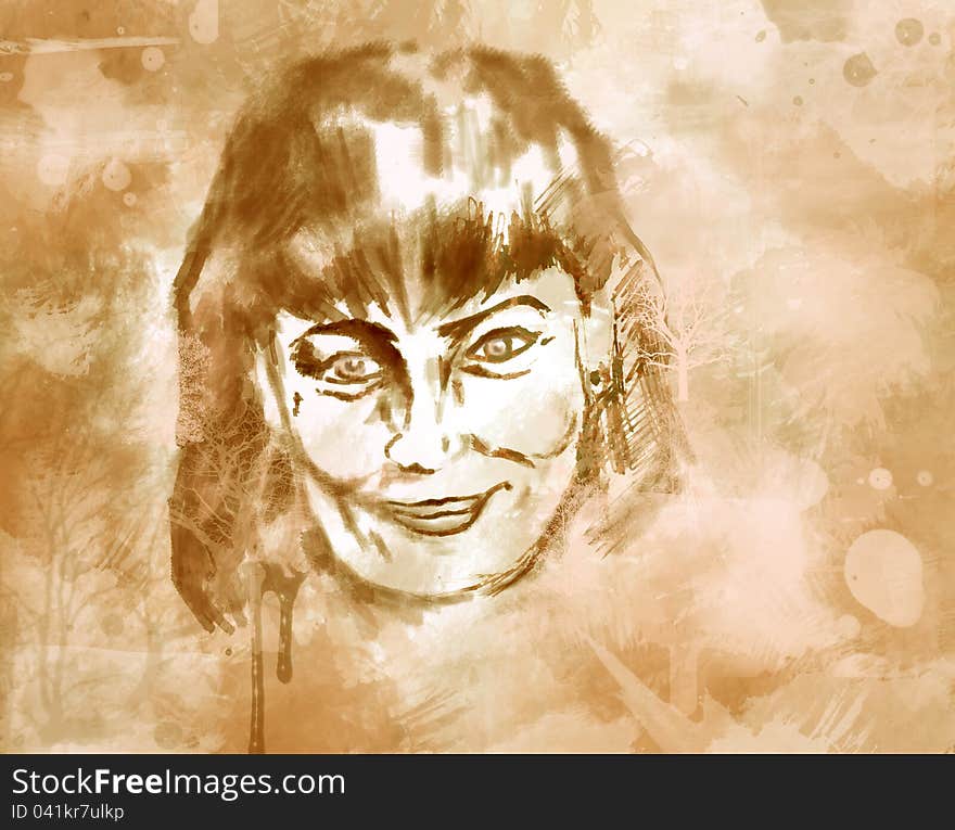 Watercolor portrait of smiling woman. Watercolor portrait of smiling woman