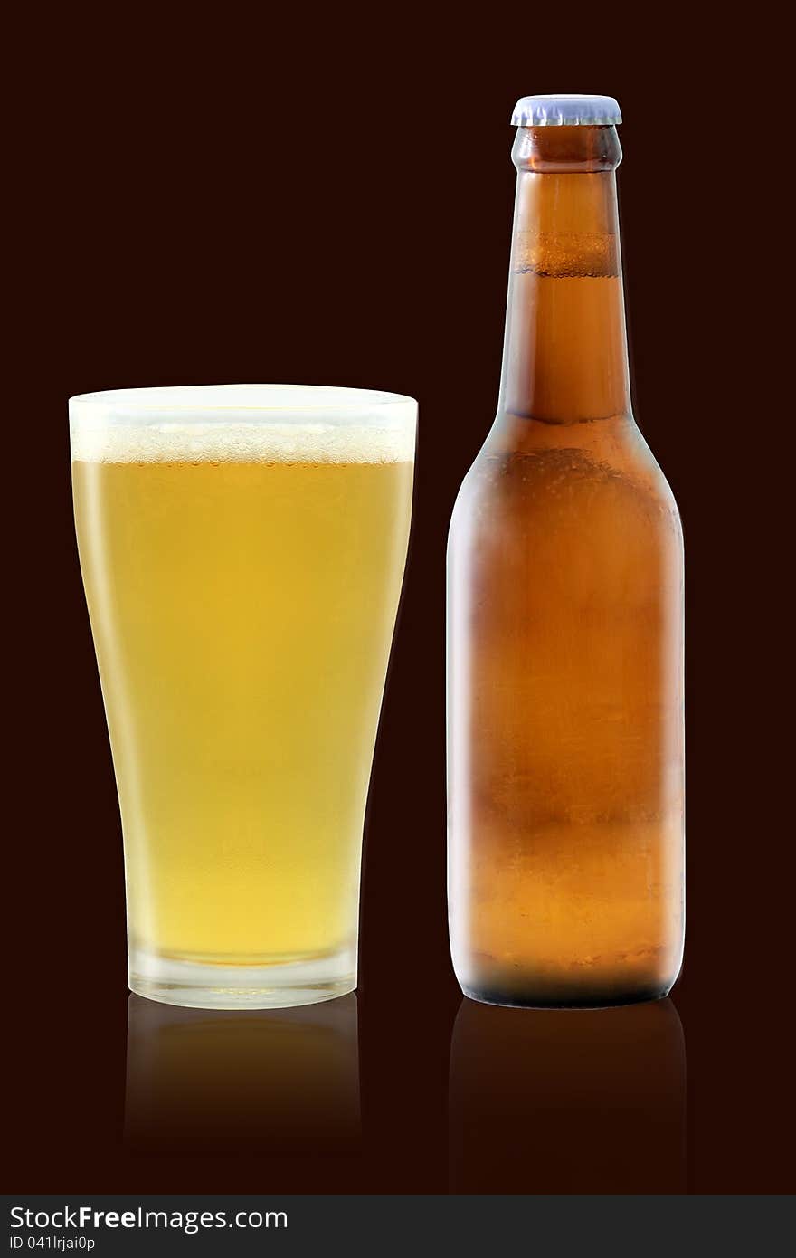 Beer bottle and Beer glass on brown background