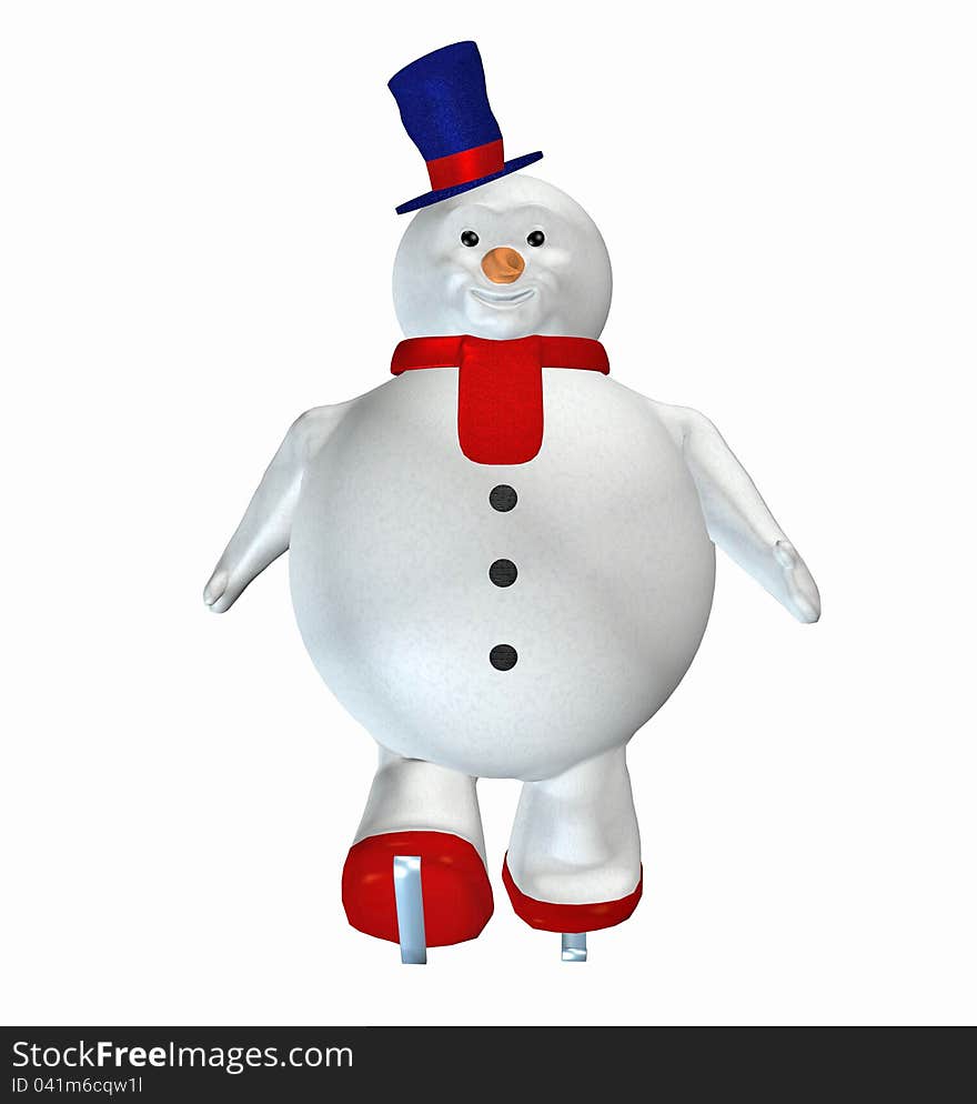 Snowman with a scarf, a hat and ski shoes posing. Snowman with a scarf, a hat and ski shoes posing