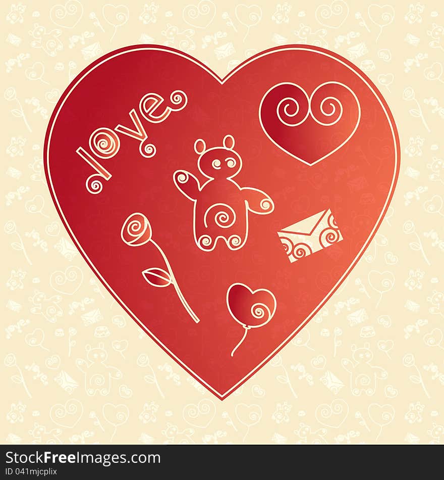 Love background. Red heart including: a word love, a bear, a flower, an envelope, small heart and a balloon stylized by curls. Love background. Red heart including: a word love, a bear, a flower, an envelope, small heart and a balloon stylized by curls