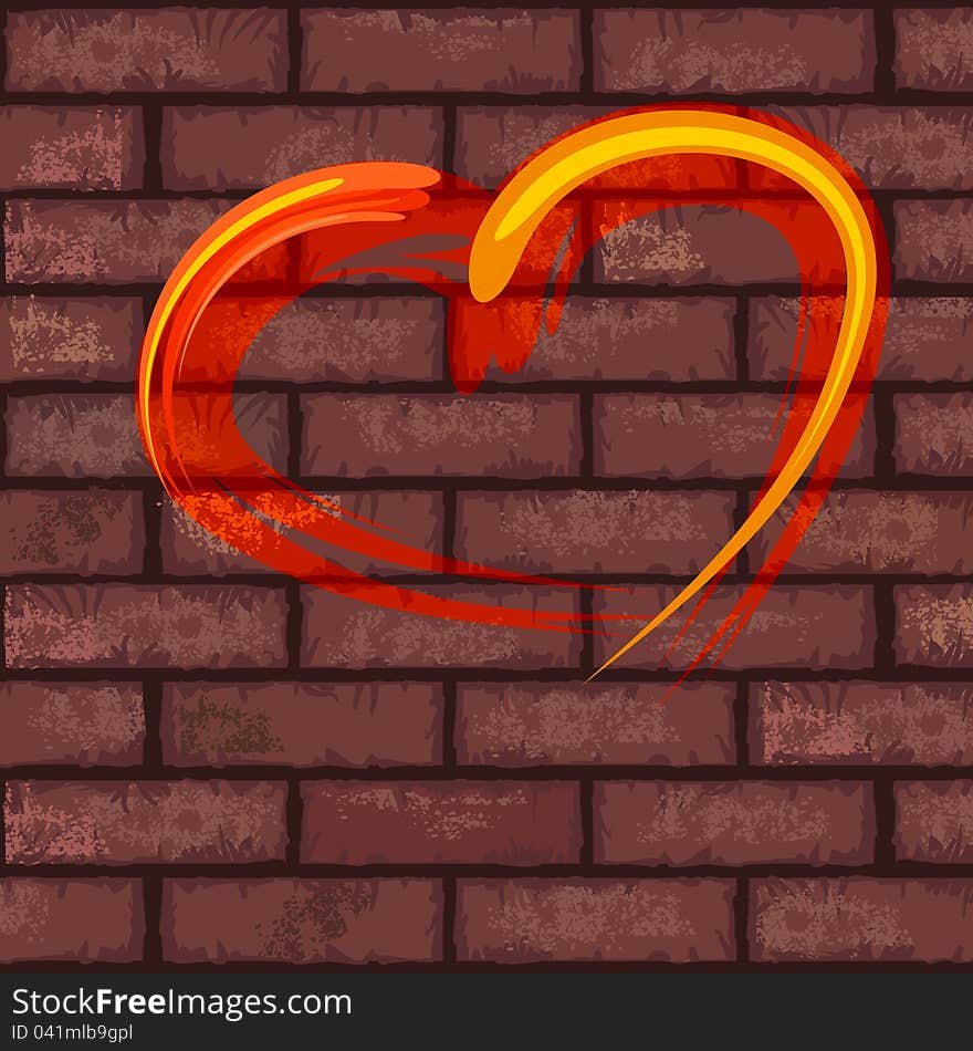 Bright red heart painted on old brick wall. Bright red heart painted on old brick wall