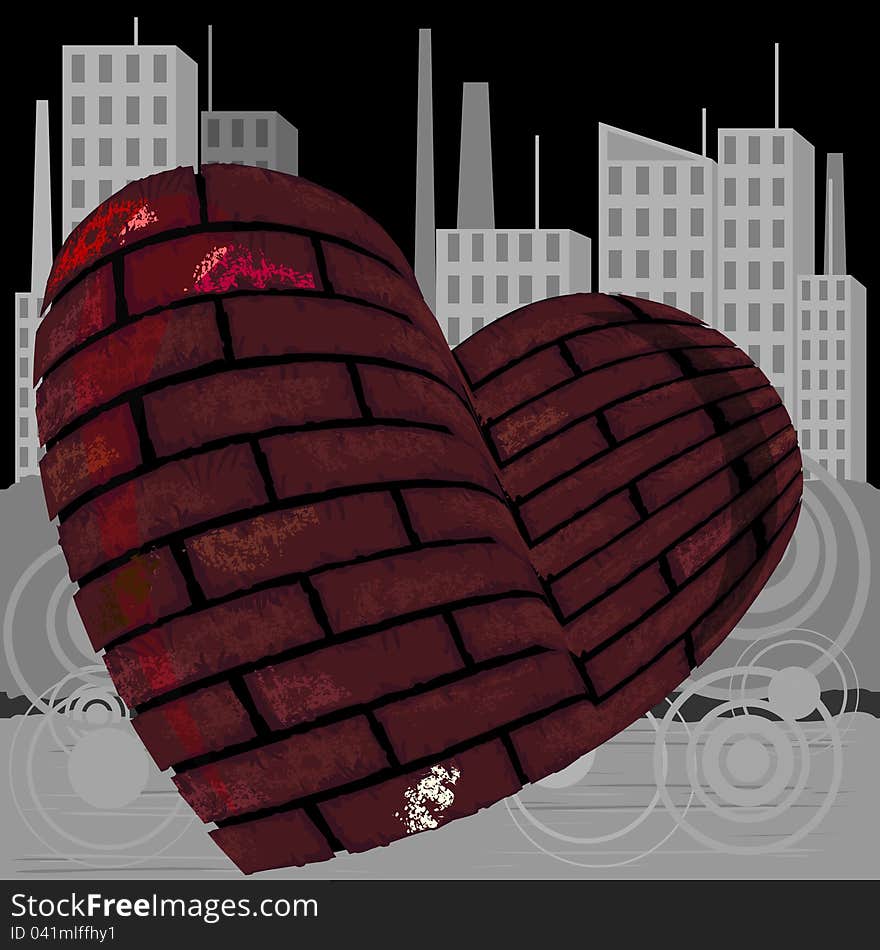 Grey urban landscape and heart made of bricks. Grey urban landscape and heart made of bricks