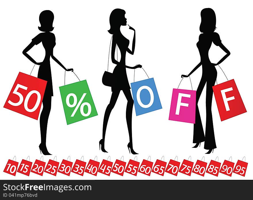 Women shopping with inscription \\50 % OFF\\ on their bags. Also bags with different percents on the bottom. Women shopping with inscription \\50 % OFF\\ on their bags. Also bags with different percents on the bottom.