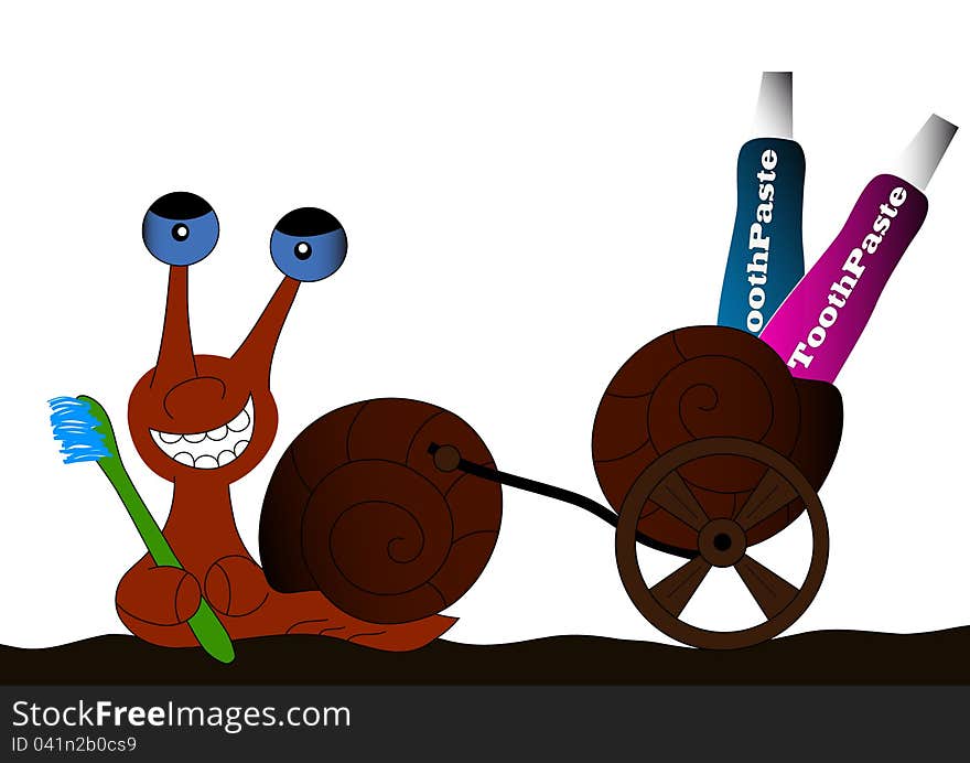 Laughing snail riding in a carriage toothpaste. Laughing snail riding in a carriage toothpaste