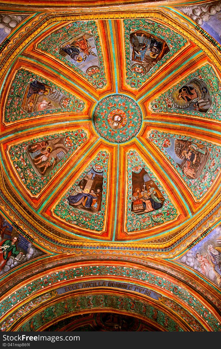 Intricately painted cupola of the Preciosa Sangre de Cristo Church in Teotitlan del Valle, Oaxaca, Mexico. Intricately painted cupola of the Preciosa Sangre de Cristo Church in Teotitlan del Valle, Oaxaca, Mexico