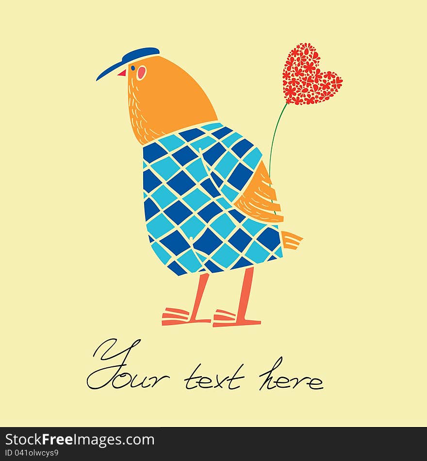 Greeting card, a bird holding a flower, a chicken in the background, Valentine's Day, Woman's Day. Greeting card, a bird holding a flower, a chicken in the background, Valentine's Day, Woman's Day