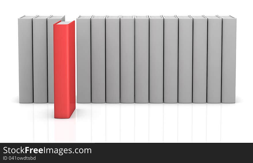 One row of white books with one red book out of the row (3d render). One row of white books with one red book out of the row (3d render)