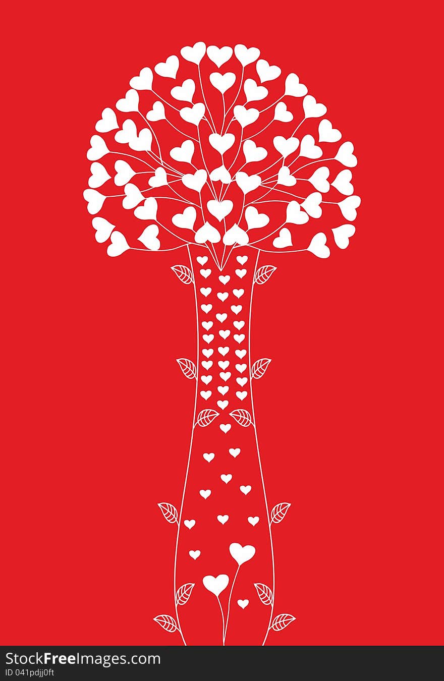 Abstract decorative bouquet with hearts on red background