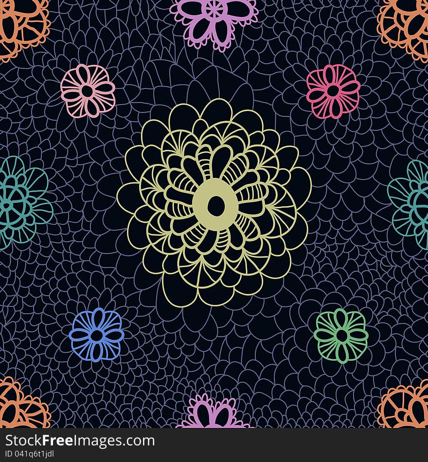 Multicoloured lacy seamless pattern on dark background. Vector illustration