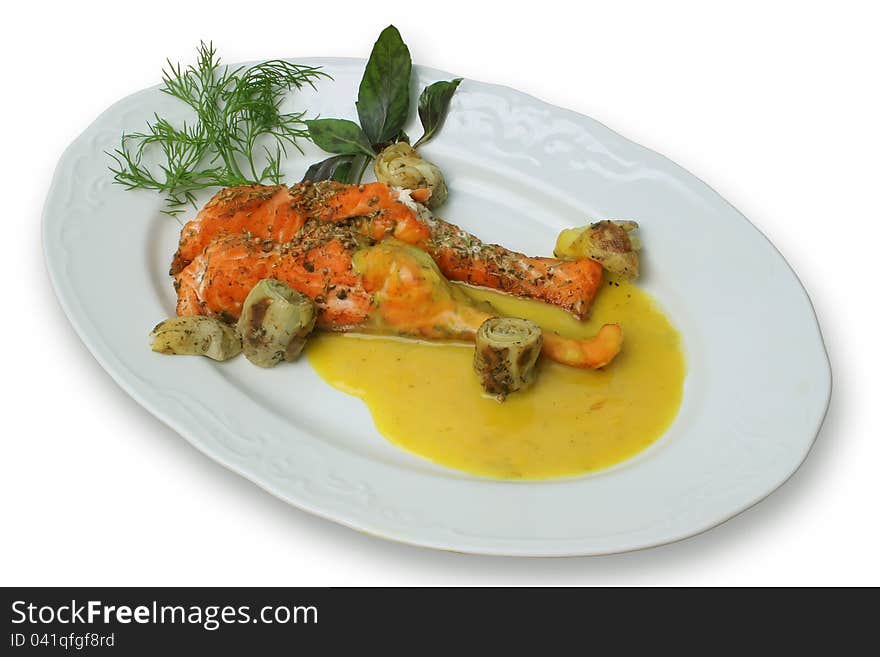 Fried red fish under sauce with vegetables. Fried red fish under sauce with vegetables