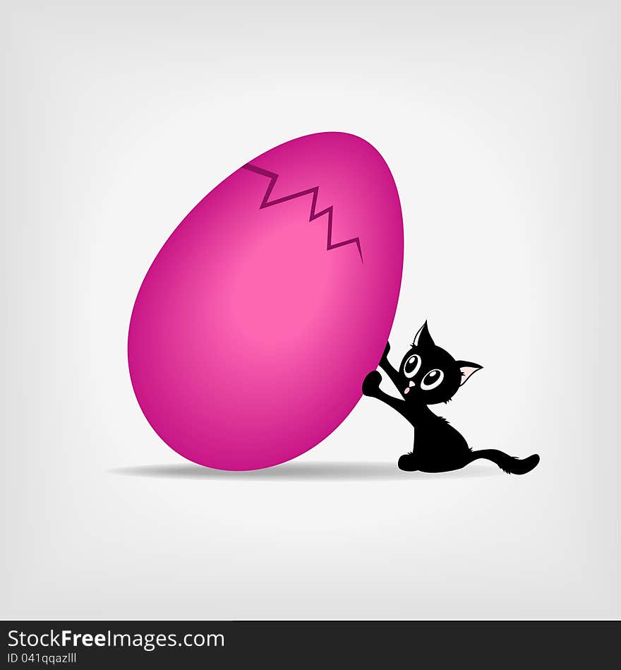 Little black kitty holding big pink easter egg on gray background. Little black kitty holding big pink easter egg on gray background