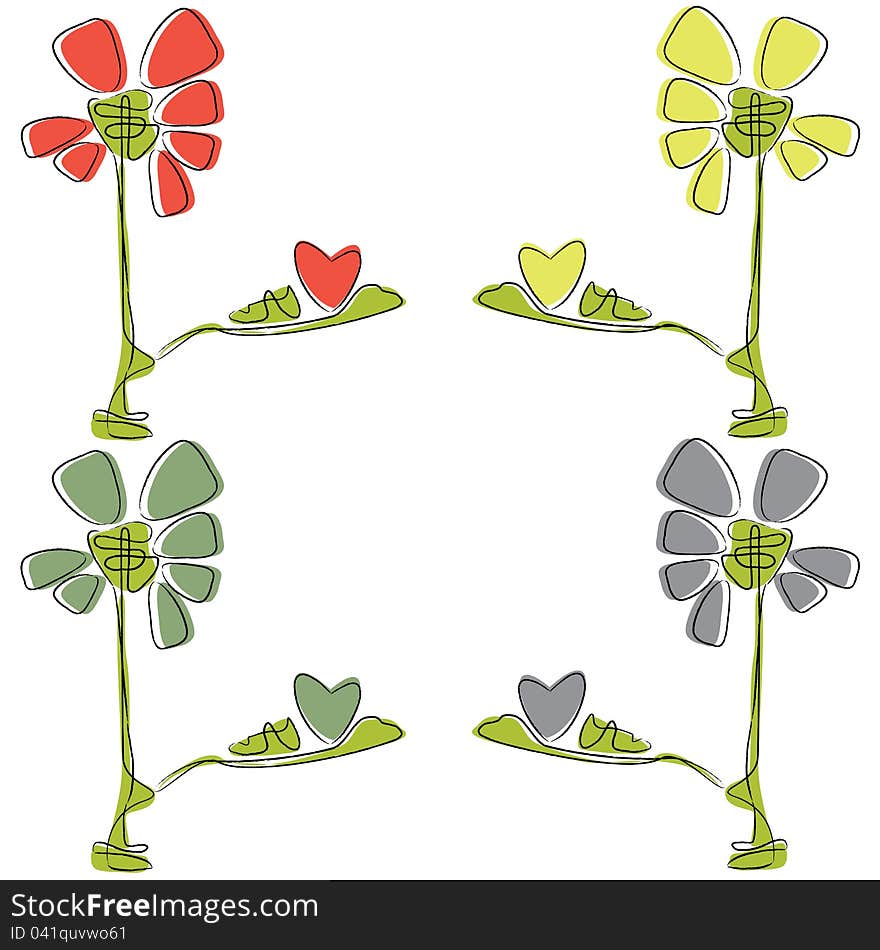 Colored nice illustration with four flowers and hearts. Colored nice illustration with four flowers and hearts