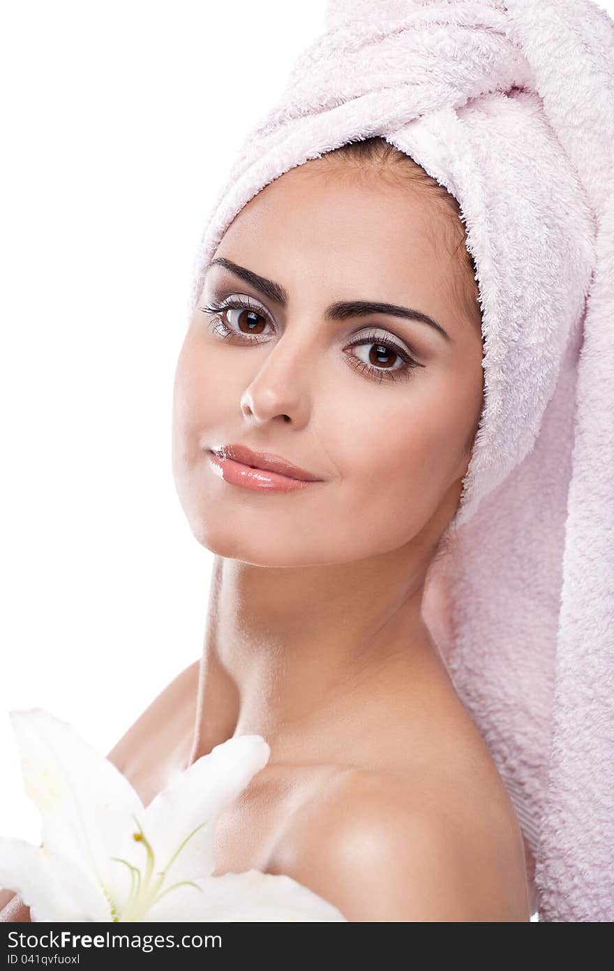 Brunette Spa Woman In Towel On Head