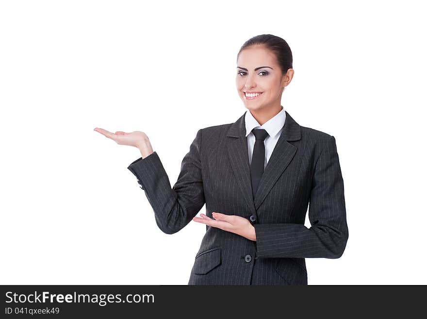 Young businesswoman with an empty copyspace on white background