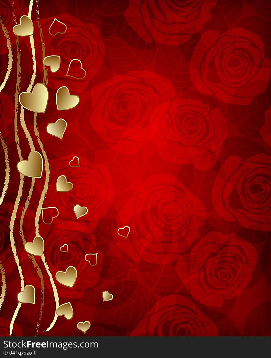 Valentine day background with golden hearts  and roses