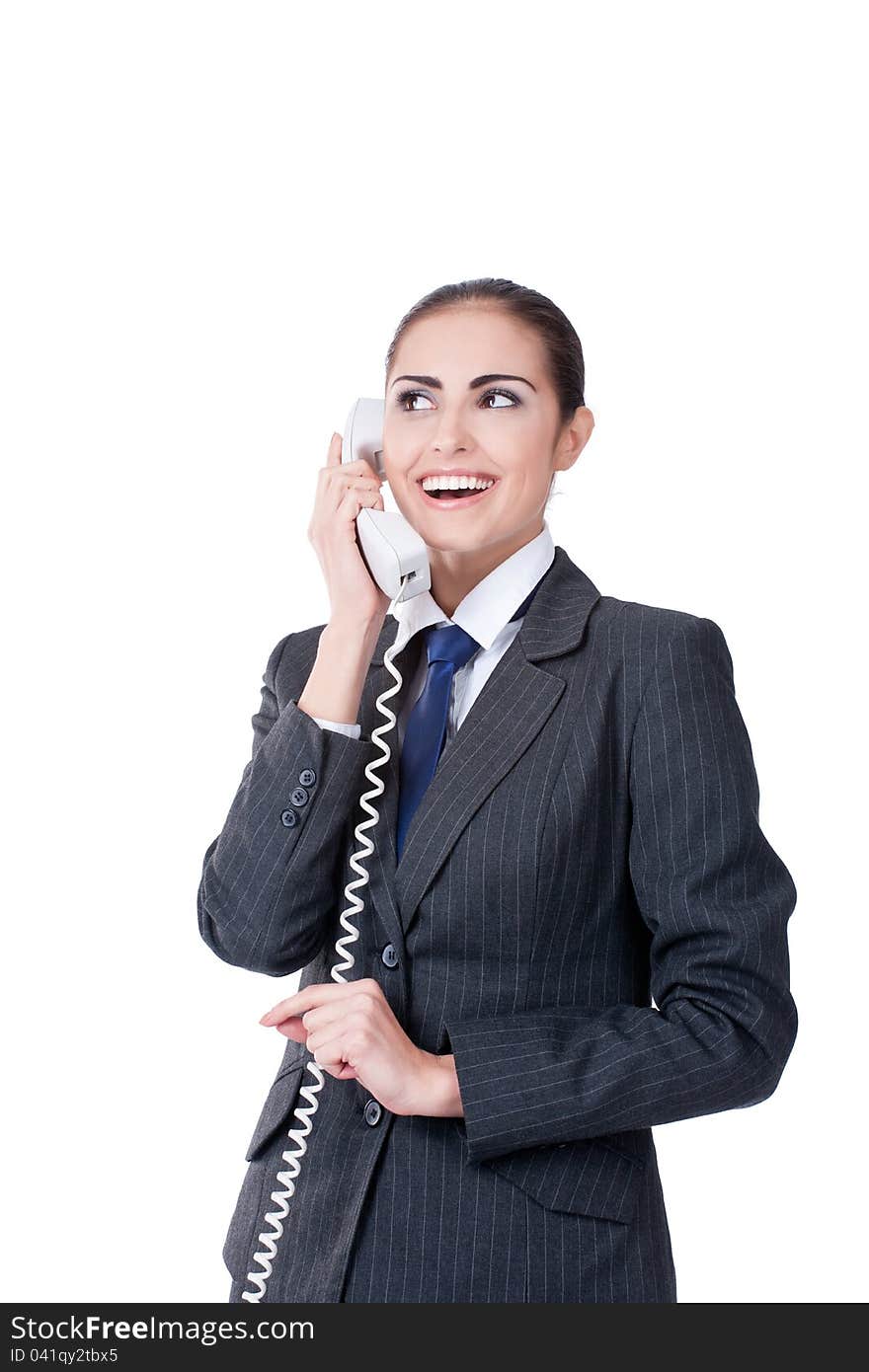 Young businesswoman speaking on phone, smiling, isolated on white