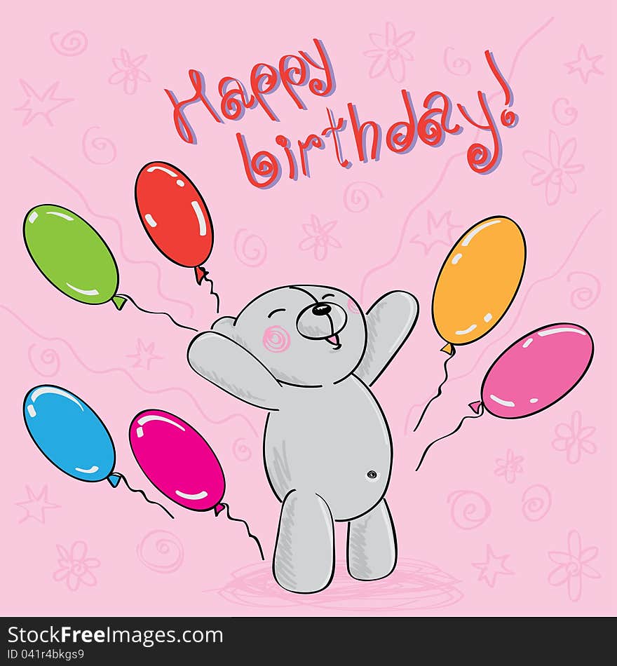 Greeting card with teddy bear and balloons