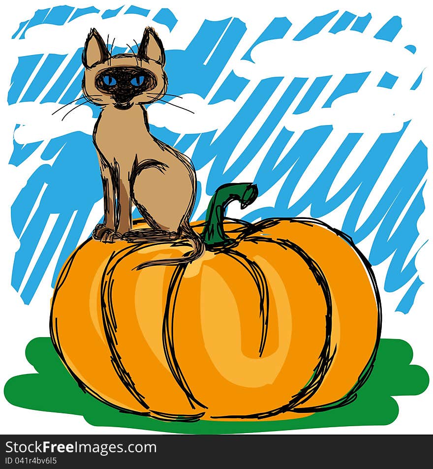 Negligent sketch of a cat on a pumpkin