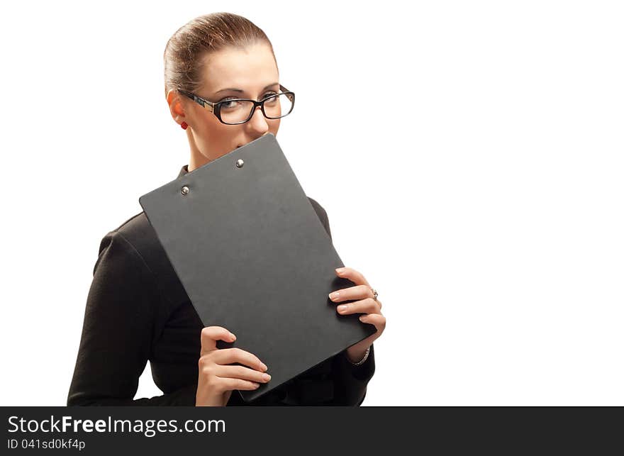 Beautiful business woman with clipboard isolated on white background