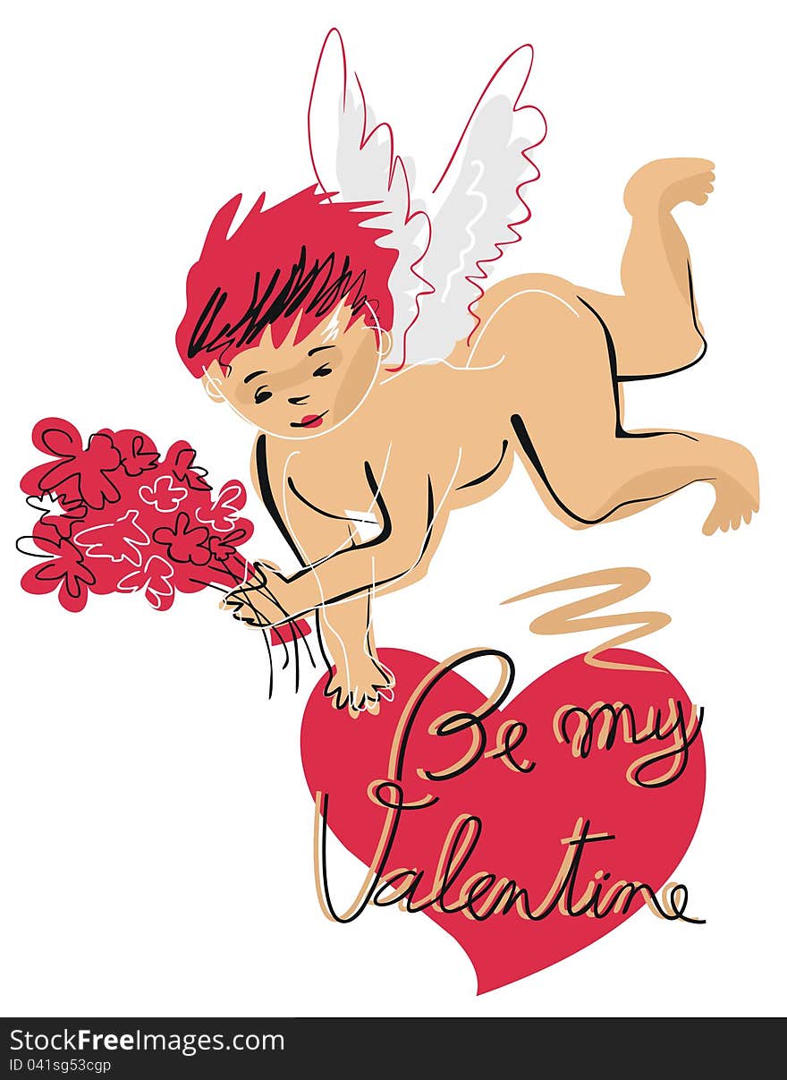 Valentines Day illustration with cupid holding flowers. Valentines Day illustration with cupid holding flowers