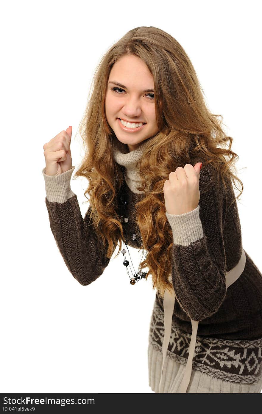 Happy woman celebrating on a white background. Happy woman celebrating on a white background