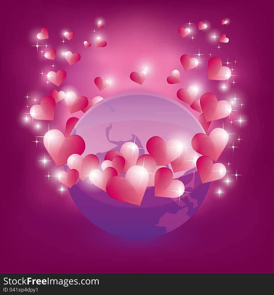 Illustration of earth and many sparkling hearts around it for Day Valentine, vector . Illustration of earth and many sparkling hearts around it for Day Valentine, vector .