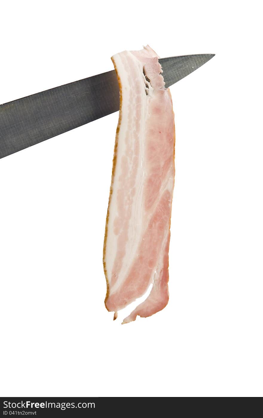 Raw bacon on knife