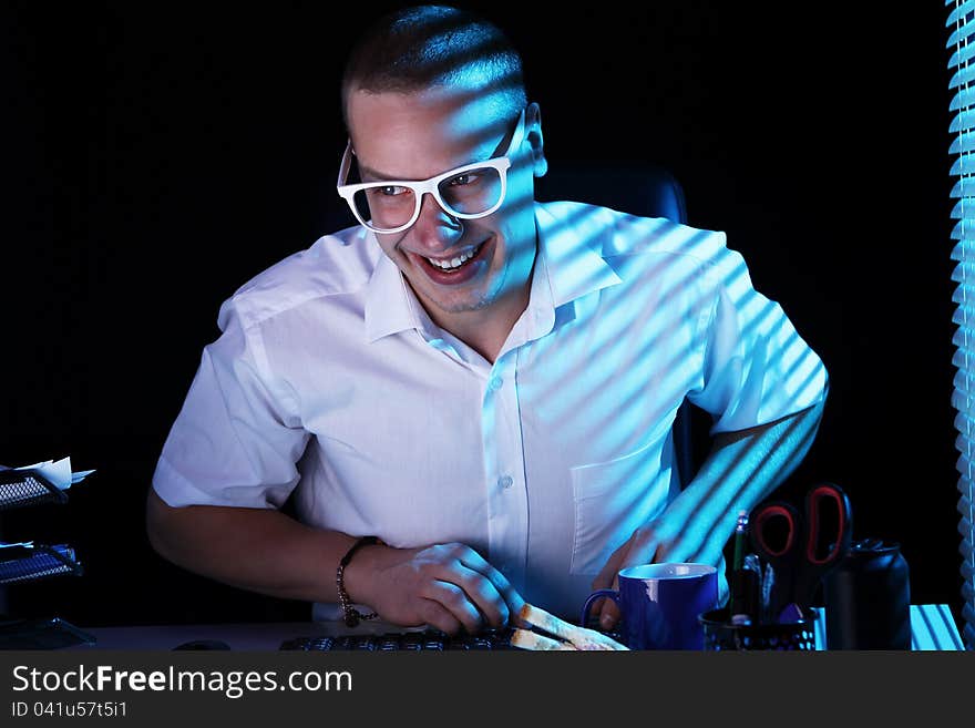 Funny nerd in glasses and computer. Funny nerd in glasses and computer