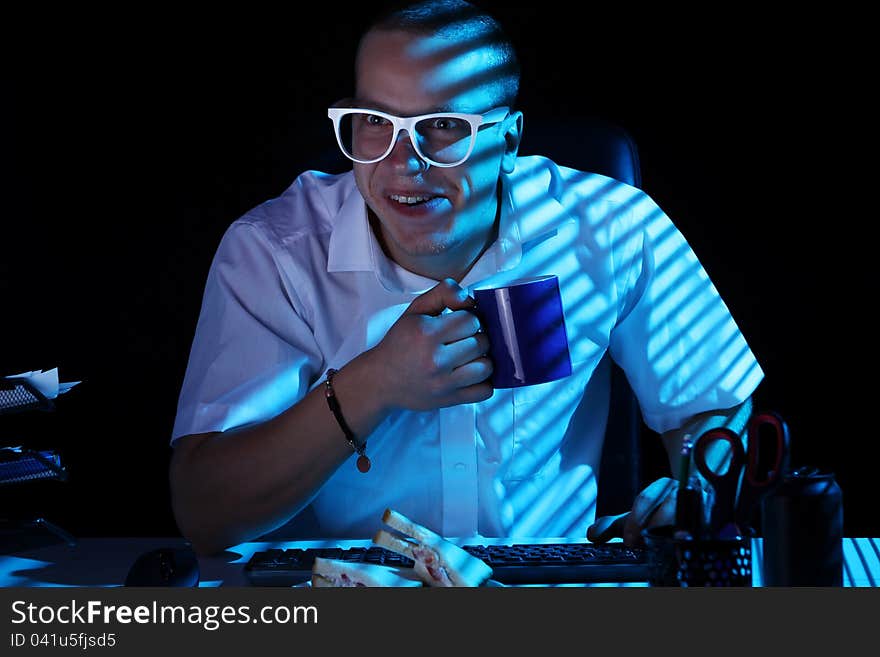 Funny nerd in glasses and computer. Funny nerd in glasses and computer