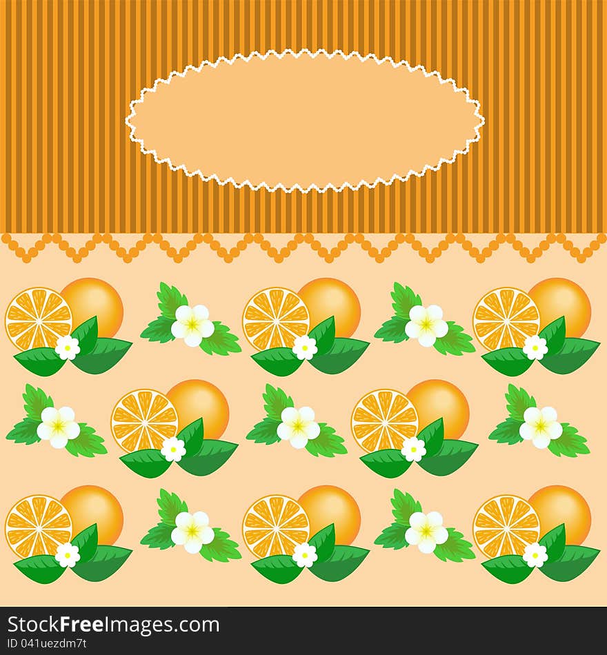 Oval dentate frame on a striped background with oranges. Oval dentate frame on a striped background with oranges