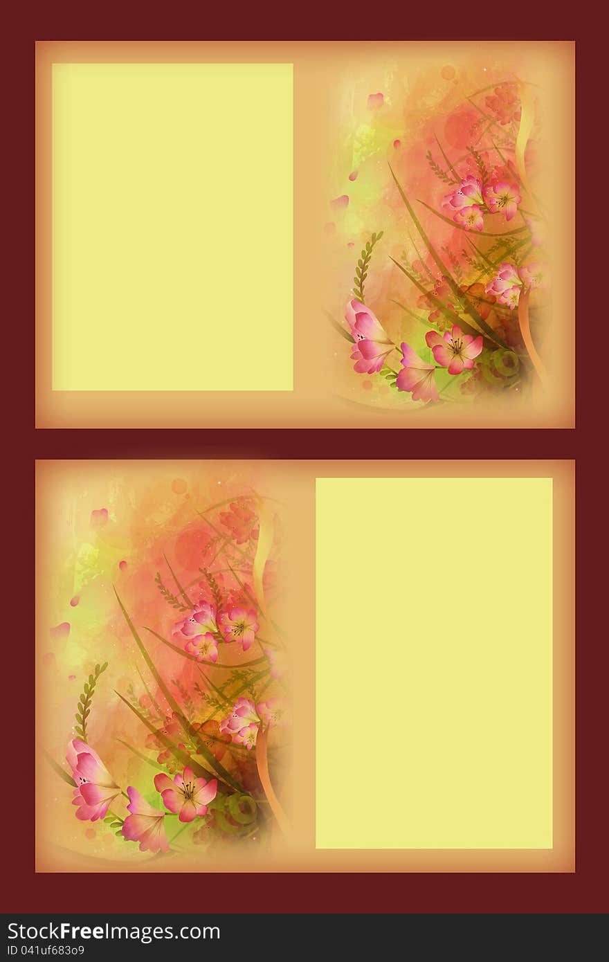 Two floral designed greeting cards on brown background