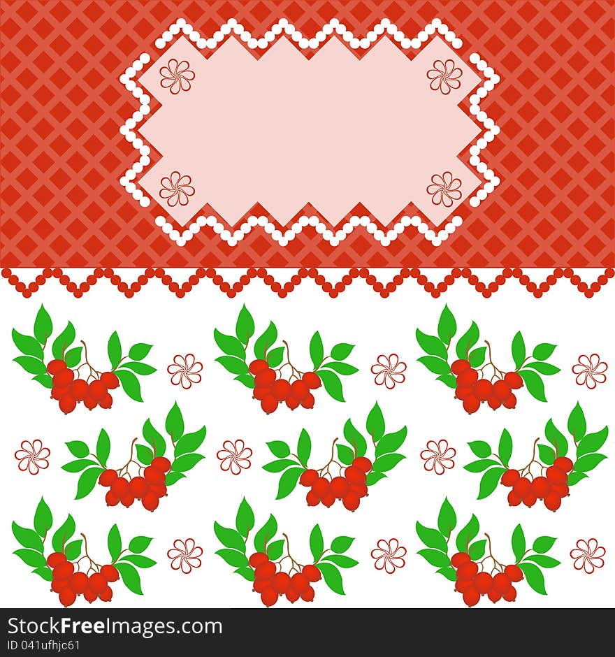 Pink frame on a plaid background with branches rowanberry. Pink frame on a plaid background with branches rowanberry
