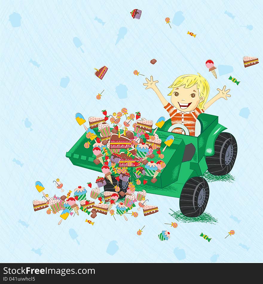 Illustration of a young boy siting in tractor with lot of candies and sweets. Illustration of a young boy siting in tractor with lot of candies and sweets.