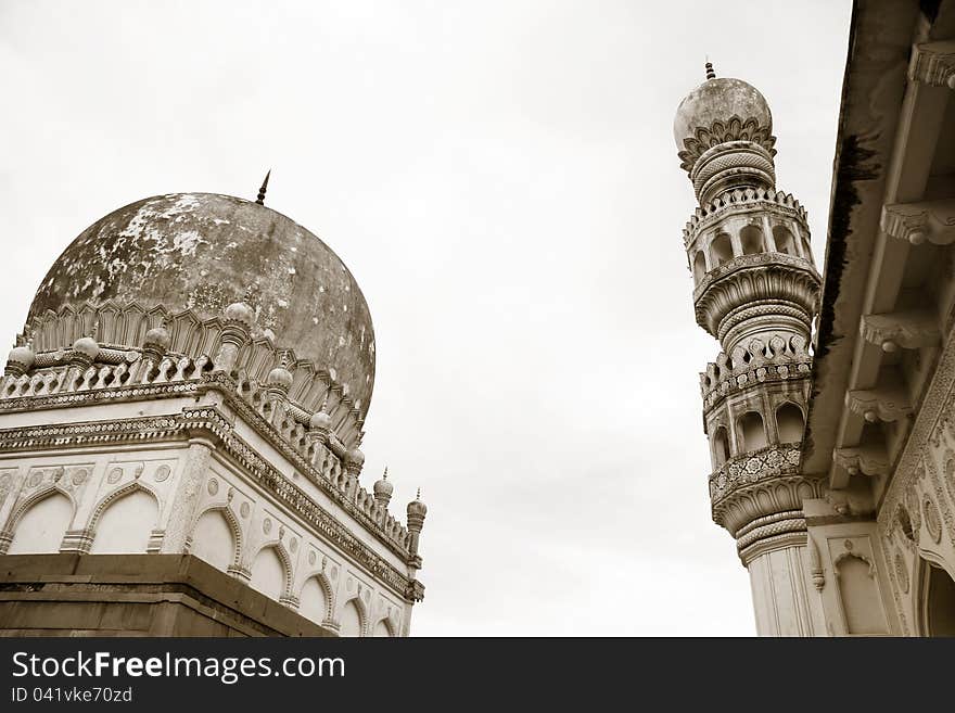 Qutb Shahi Tomb minars in sepia color tone. Qutb Shahi Tomb minars in sepia color tone