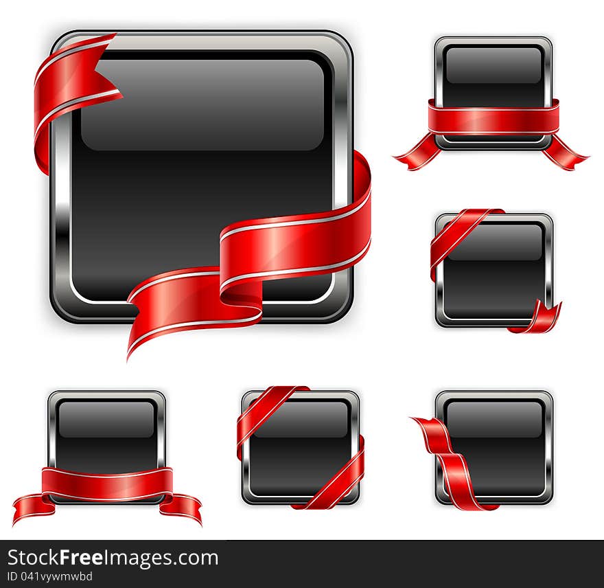 Black square badge with red ribbon on white background, vector illustration