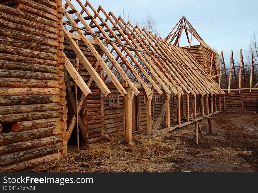 Wooden framework of stables building under construction. Wooden framework of stables building under construction