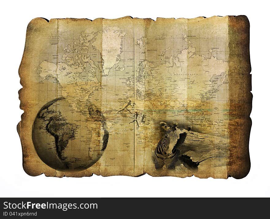 Old world map with safari elemnts. Old world map with safari elemnts