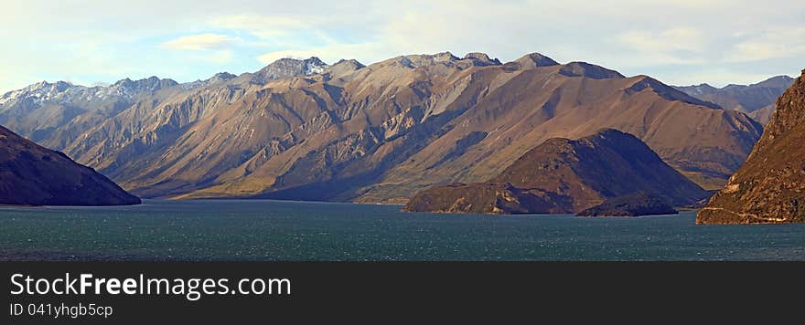 Lake Hawea with Mountain Range Landscape Panorama Wanaka New Zealand. Lake Hawea with Mountain Range Landscape Panorama Wanaka New Zealand