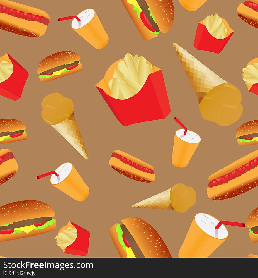 Seamless pattern composed of fast-food objects isolated on brown background. Vector EPS8 illustration. Seamless pattern composed of fast-food objects isolated on brown background. Vector EPS8 illustration.