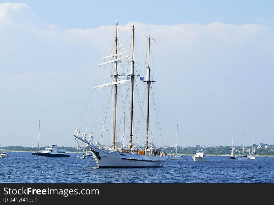 A beautiful three mast schooner anchored at bay