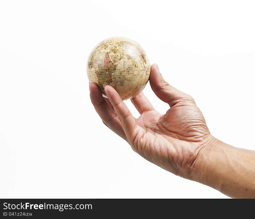 World on five fingers isolated on white background