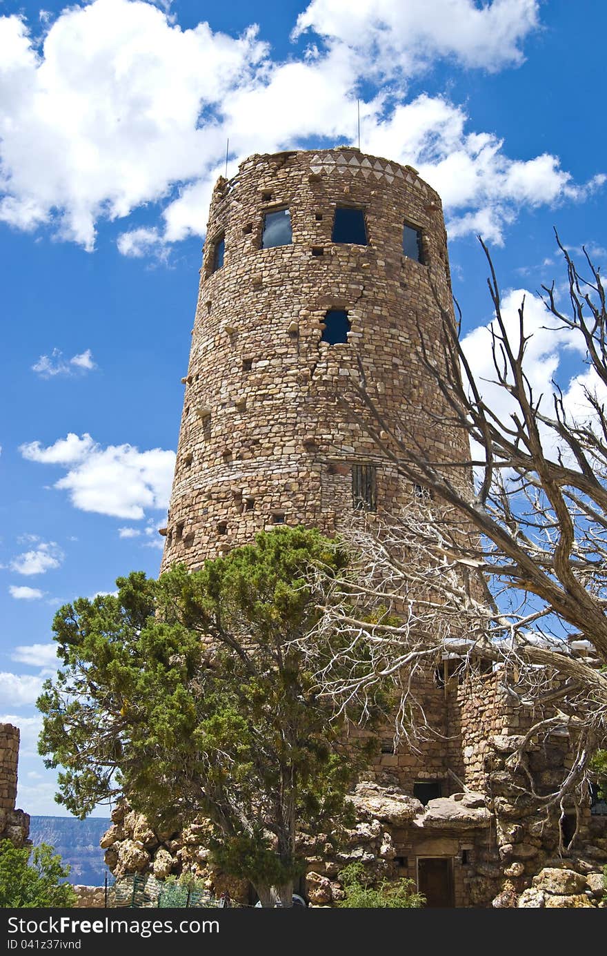 This stone lookout tower peers out into the Grand Canyon